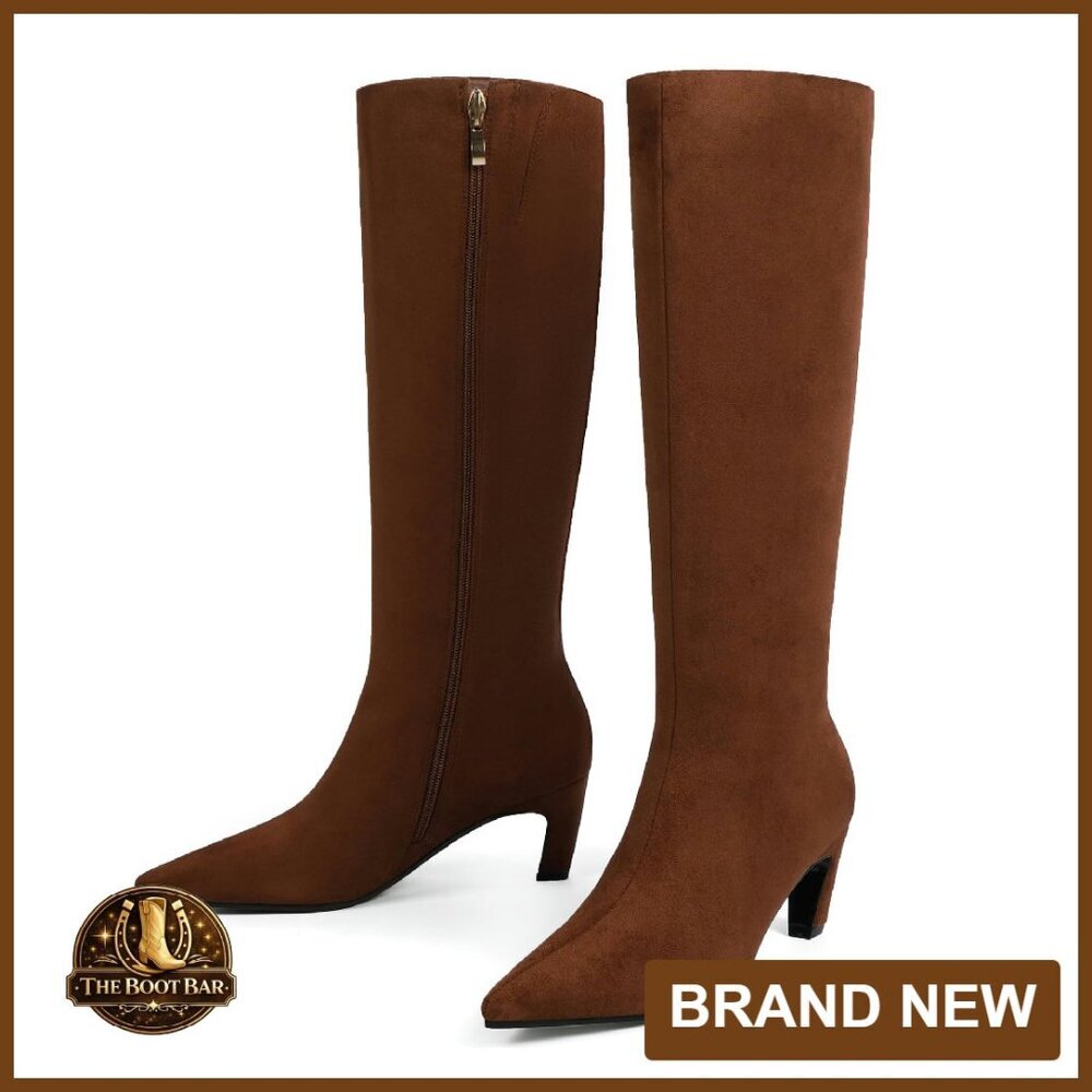 Knee High Boots Pointed Toe Kitten Heel Faux Suede Women's Size - Picture 1 of 8